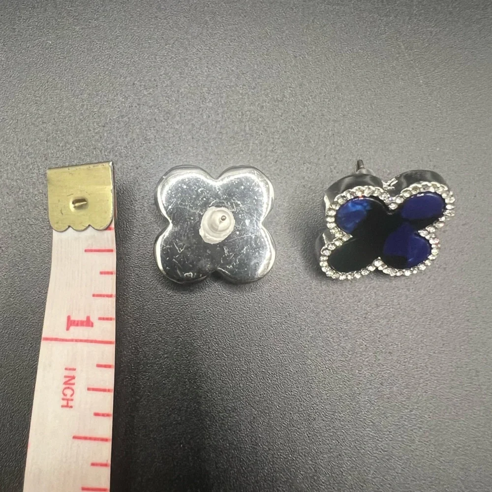 Blue Enamel Earrings with Silver Tone and Rhinestones - Picture 3 of 3